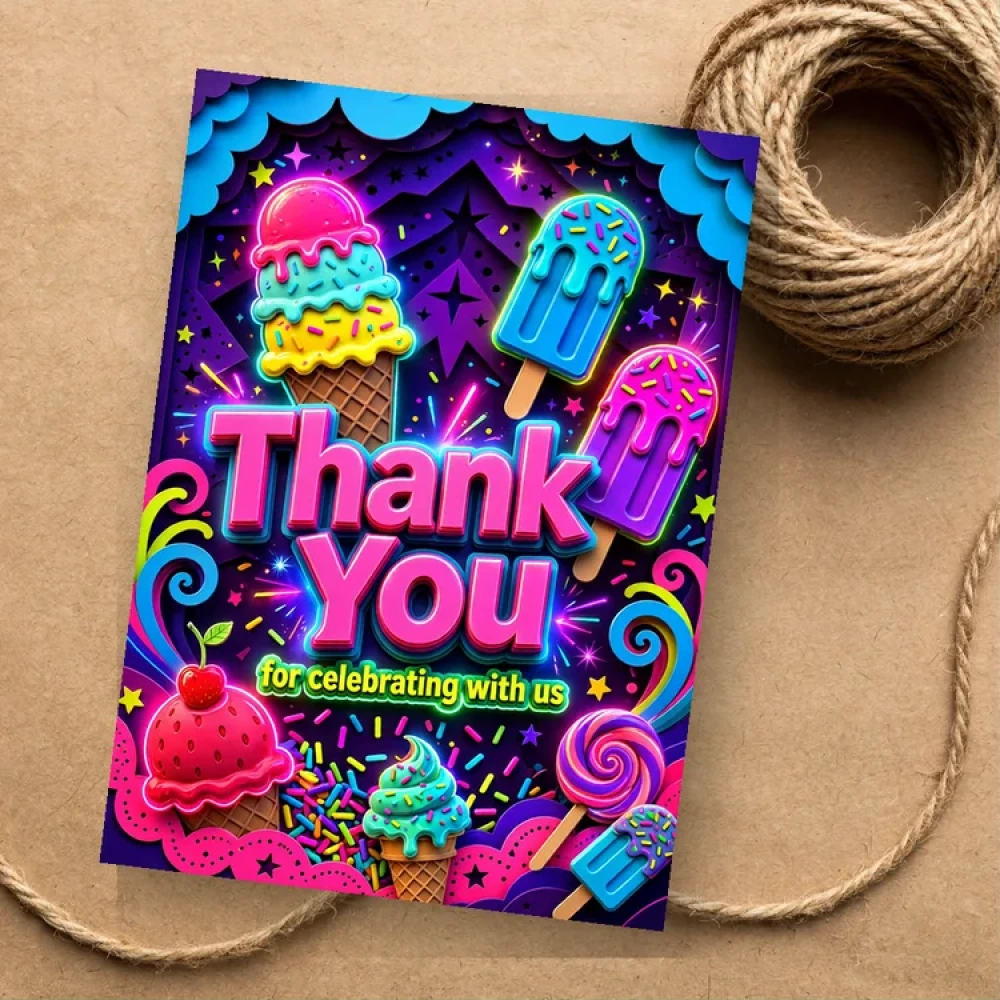 Ice Cream Theme Thank You Cards Birthday Party Supplies (PACK OF 30) - 280 GSM Matte Fine-Art Cardstock (2.5 x 3.5 Inch) - Premium Party Decor Supply by Party Decor Mall - View 1