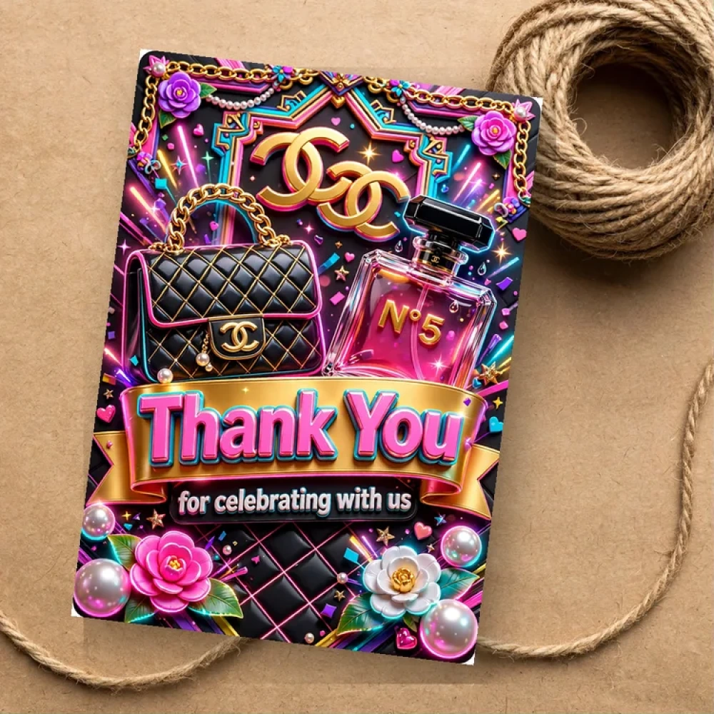 Chanel Theme Thank You Cards Birthday Party Supplies (PACK OF 30) - 280 GSM Matte Fine-Art Cardstock (2.5 x 3.5 Inch) - Premium Party Decor Supply by Party Decor Mall - View 1
