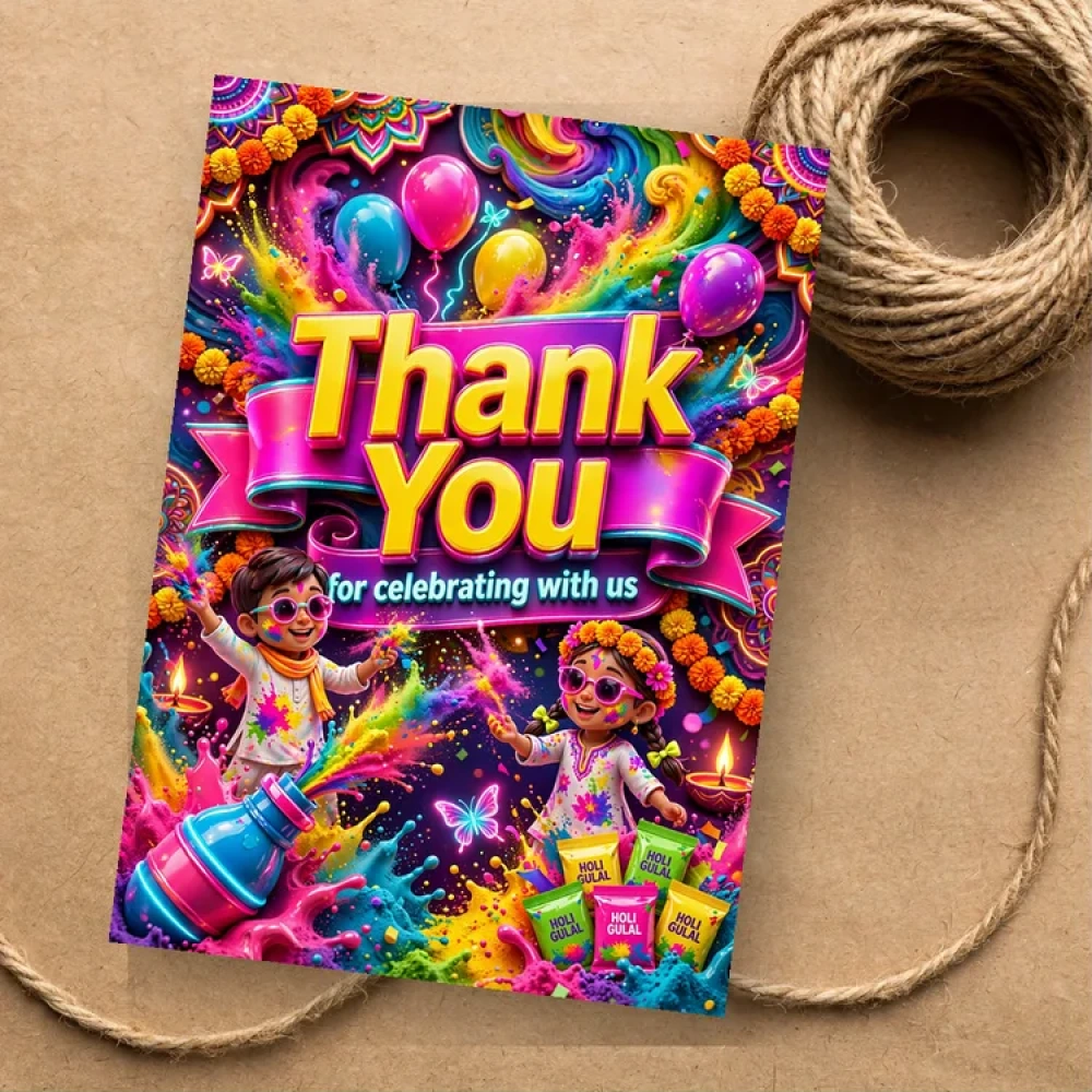 Holi Theme Thank You Cards Birthday Party Supplies (PACK OF 30) - 280 GSM Matte Fine-Art Cardstock (2.5 x 3.5 Inch) - Premium Party Decor Supply by Party Decor Mall - View 1