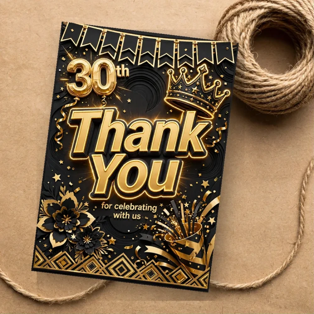 Black & Gold 30th Birthday Theme Thank You Cards Birthday Party Supplies (PACK OF 30) - 280 GSM Matte Fine-Art Cardstock (2.5 x 3.5 Inch) - Premium Party Decor Supply by Party Decor Mall - View 1