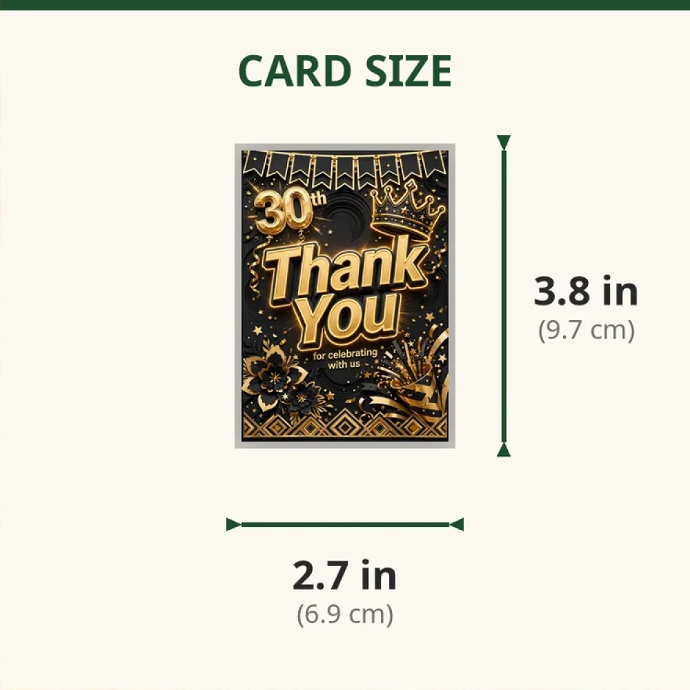 Black & Gold 30th Birthday Theme Thank You Cards Birthday Party Supplies (PACK OF 30) - 280 GSM Matte Fine-Art Cardstock (2.5 x 3.5 Inch) - Premium Party Decor Supply by Party Decor Mall - View 2