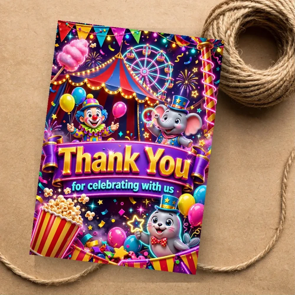 Circus Theme Thank You Cards Birthday Party Supplies (PACK OF 30) - 280 GSM Matte Fine-Art Cardstock (2.5 x 3.5 Inch) - Premium Party Decor Supply by Party Decor Mall - View 1