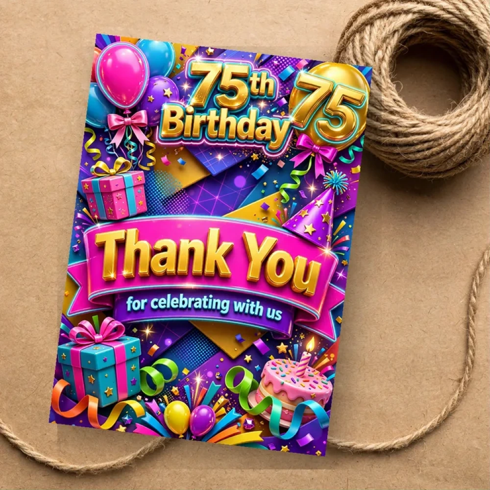 75th Birthday Theme Thank You Cards Birthday Party Supplies (PACK OF 30) - 280 GSM Matte Fine-Art Cardstock (2.5 x 3.5 Inch) - Premium Party Decor Supply by Party Decor Mall - View 1