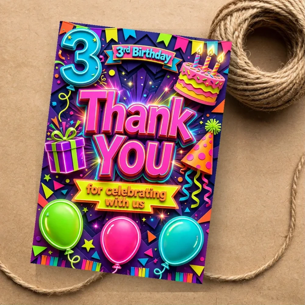 3rd Birthday Theme Thank You Cards Birthday Party Supplies (PACK OF 30) - 280 GSM Matte Fine-Art Cardstock (2.5 x 3.5 Inch) - Premium Party Decor Supply by Party Decor Mall - View 1