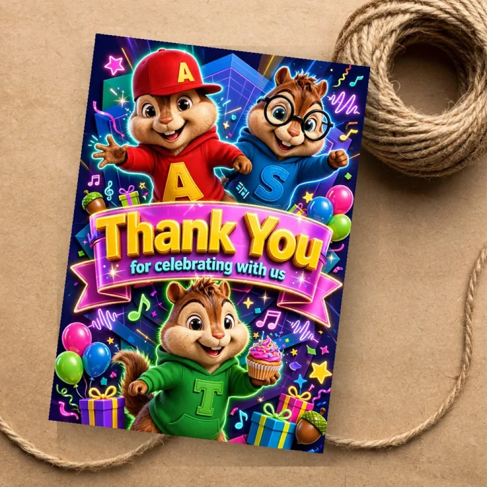 Alvin & Chipmunks Theme Thank You Cards Birthday Party Supplies (PACK OF 30) - 280 GSM Matte Fine-Art Cardstock (2.5 x 3.5 Inch) - Premium Party Decor Supply by Party Decor Mall - View 1