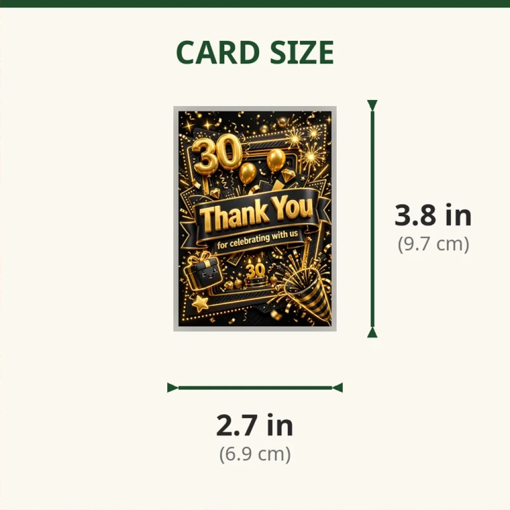 Black & Gold 30th Birthday Theme Thank You Cards Birthday Party Supplies (PACK OF 30) - 280 GSM Matte Fine-Art Cardstock (2.5 x 3.5 Inch) - Premium Party Decor Supply by Party Decor Mall - View 2