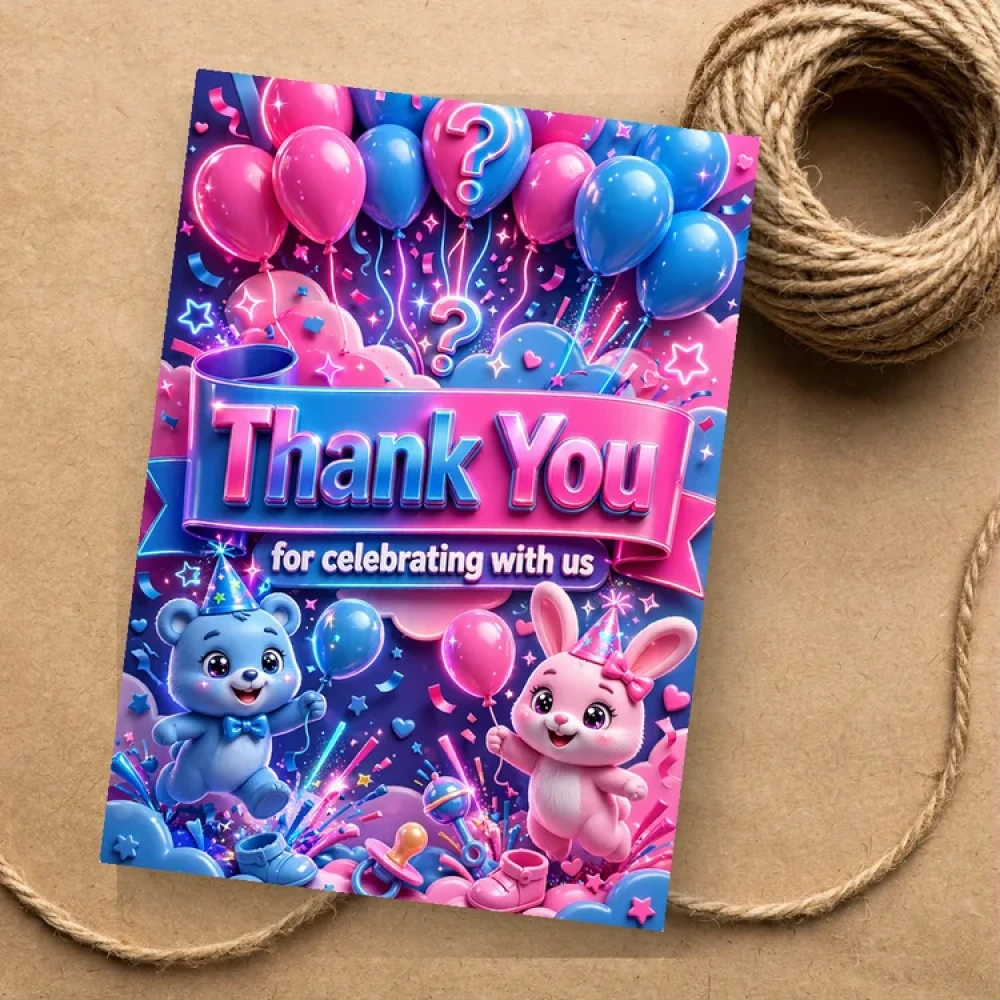 Gender Reveal Theme Thank You Cards Birthday Party Supplies (PACK OF 30) - 280 GSM Matte Fine-Art Cardstock (2.5 x 3.5 Inch) - Premium Party Decor Supply by Party Decor Mall - View 1