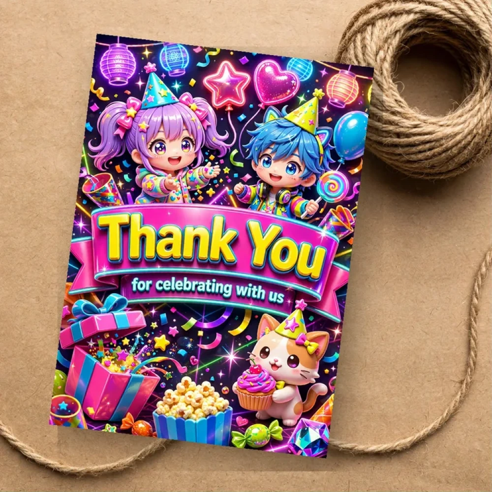 Anime Party Theme Thank You Cards Birthday Party Supplies (PACK OF 30) - 280 GSM Matte Fine-Art Cardstock (2.5 x 3.5 Inch) - Premium Party Decor Supply by Party Decor Mall - View 1