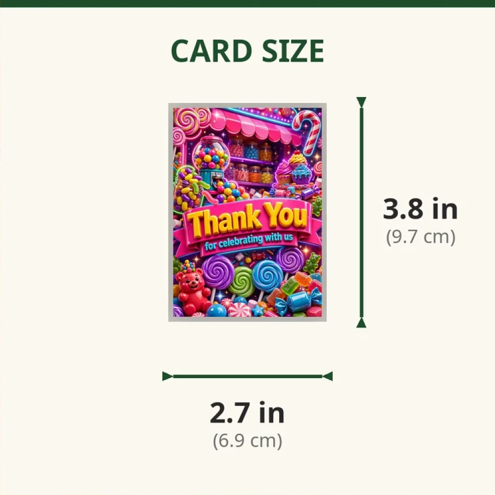 Candy Shop Theme Thank You Cards Birthday Party Supplies (PACK OF 30) - 280 GSM Matte Fine-Art Cardstock (2.5 x 3.5 Inch) - Premium Party Decor Supply by Party Decor Mall - View 2