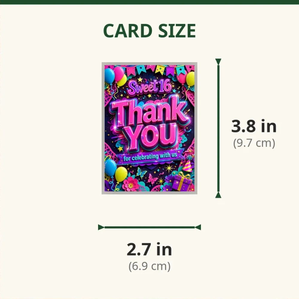 Sweet 16 Theme Thank You Cards Birthday Party Supplies (PACK OF 30) - 280 GSM Matte Fine-Art Cardstock (2.5 x 3.5 Inch) - Premium Party Decor Supply by Party Decor Mall - View 2
