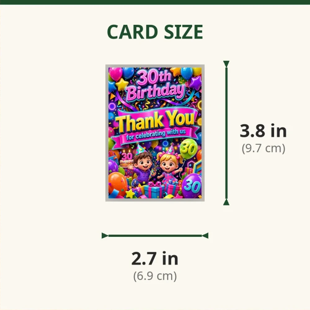 30th Birthday Theme Thank You Cards Birthday Party Supplies (PACK OF 30) - 280 GSM Matte Fine-Art Cardstock (2.5 x 3.5 Inch) - Premium Party Decor Supply by Party Decor Mall - View 2