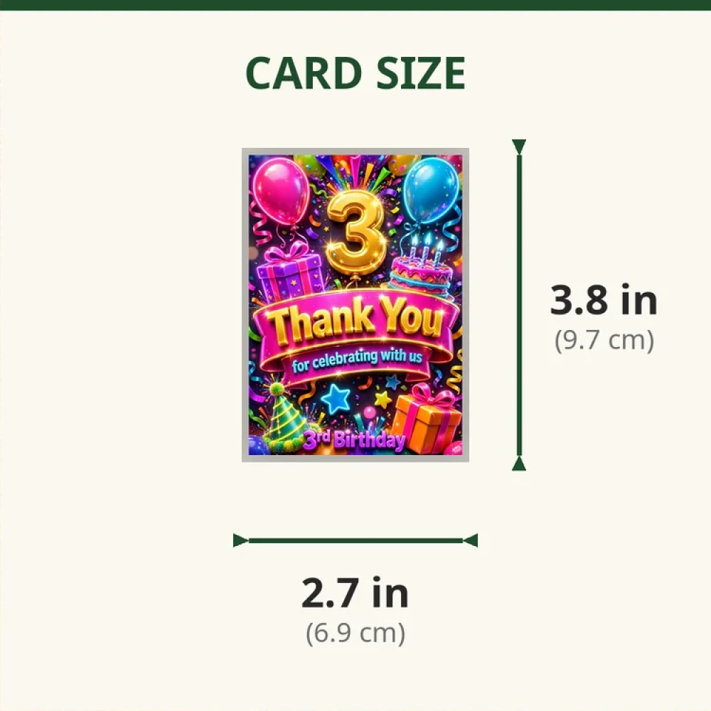 3rd Birthday Theme Thank You Cards Birthday Party Supplies (PACK OF 30) - 280 GSM Matte Fine-Art Cardstock (2.5 x 3.5 Inch) - Premium Party Decor Supply by Party Decor Mall - View 2