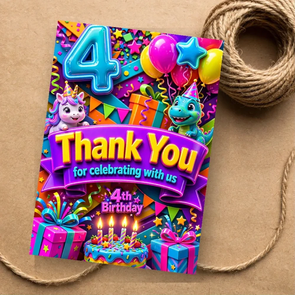 4th Birthday Theme Thank You Cards Birthday Party Supplies (PACK OF 30) - 280 GSM Matte Fine-Art Cardstock (2.5 x 3.5 Inch) - Premium Party Decor Supply by Party Decor Mall - View 1