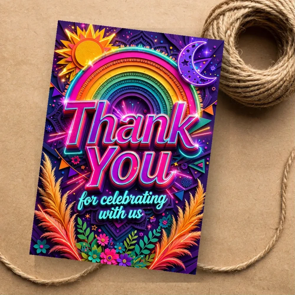 Boho Rainbow Theme Thank You Cards Birthday Party Supplies (PACK OF 30) - 280 GSM Matte Fine-Art Cardstock (2.5 x 3.5 Inch) - Premium Party Decor Supply by Party Decor Mall - View 1