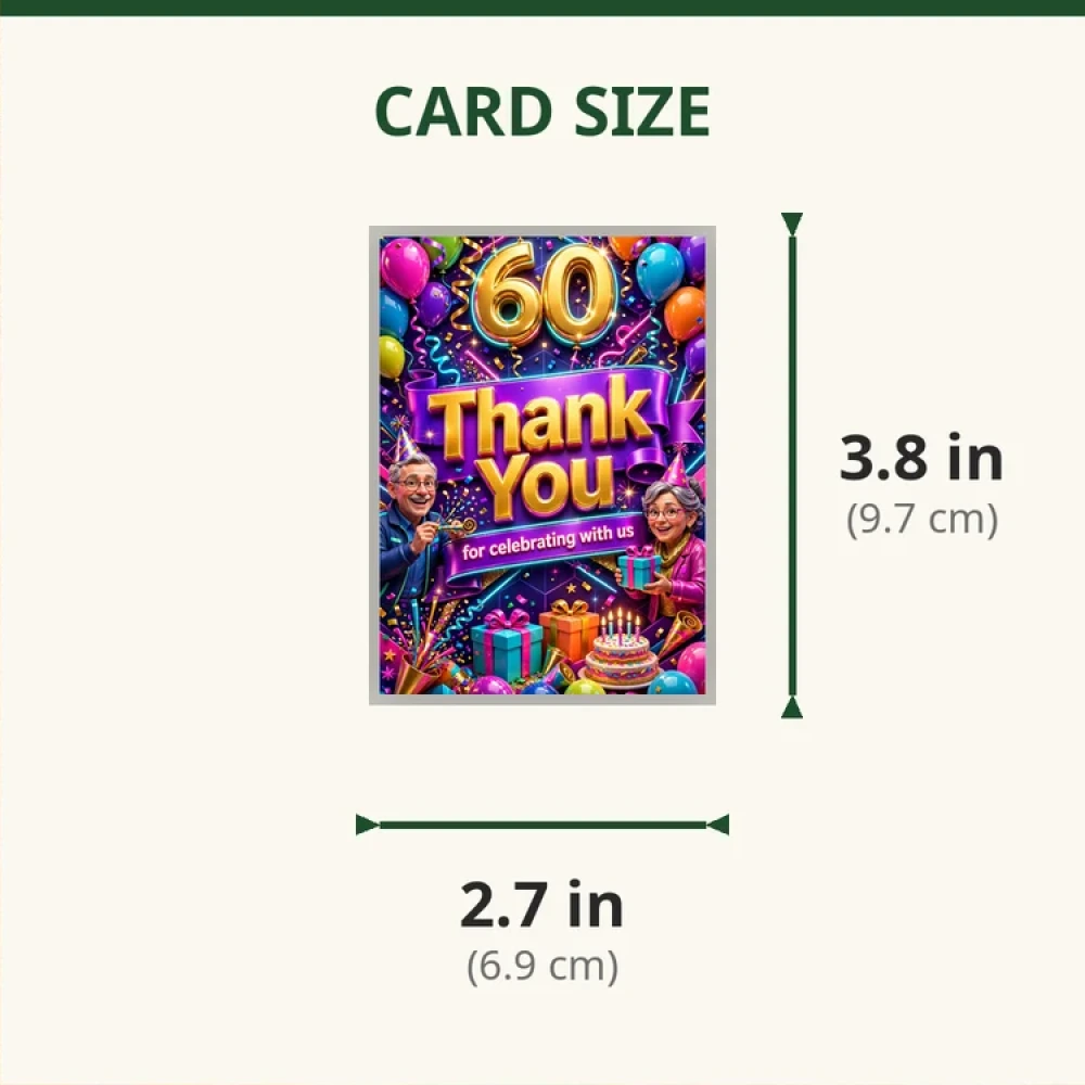60th Birthday Theme Thank You Cards Birthday Party Supplies (PACK OF 30) - 280 GSM Matte Fine-Art Cardstock (2.5 x 3.5 Inch) - Premium Party Decor Supply by Party Decor Mall - View 2