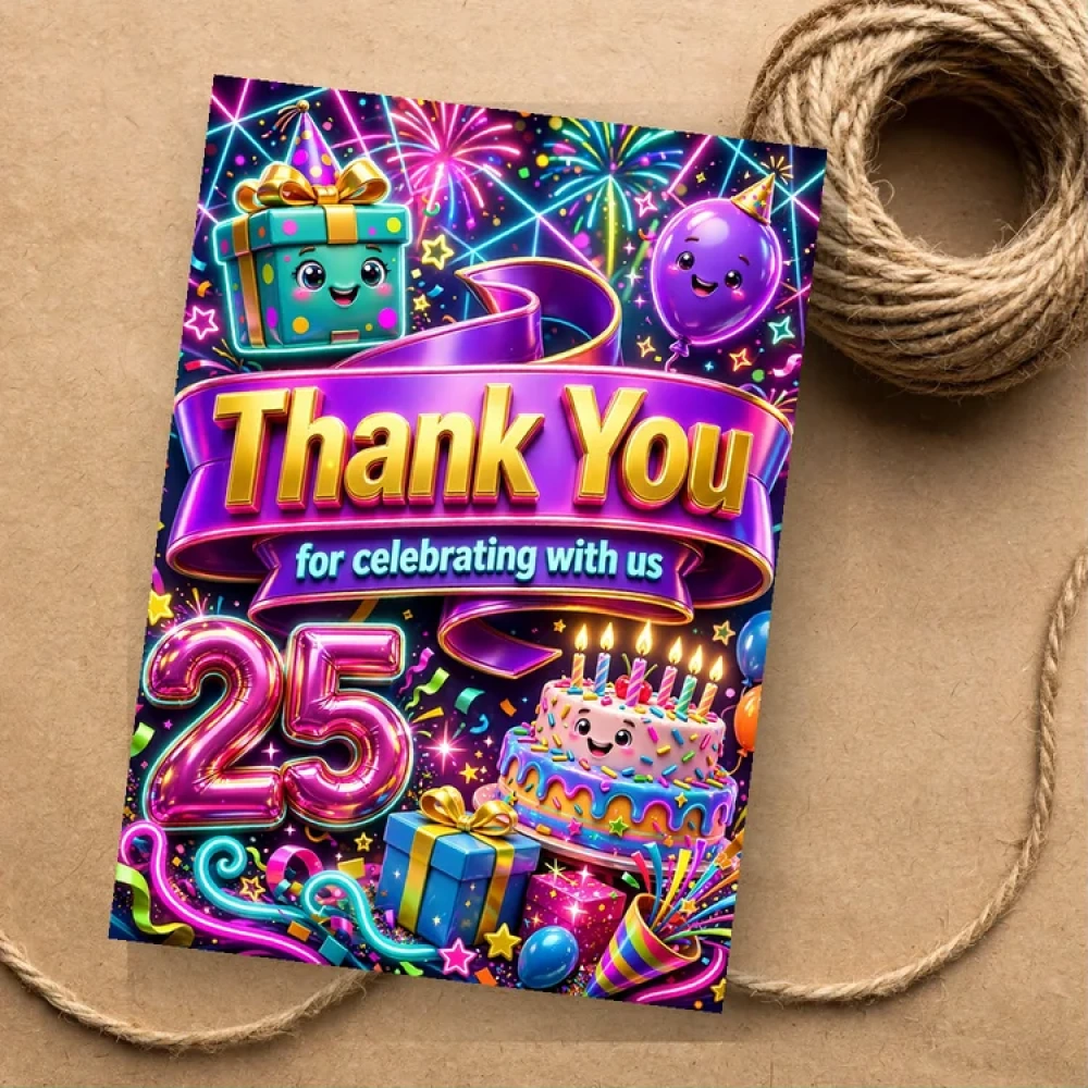25th Birthday Theme Thank You Cards Birthday Party Supplies (PACK OF 30) - 280 GSM Matte Fine-Art Cardstock (2.5 x 3.5 Inch) - Premium Party Decor Supply by Party Decor Mall - View 1