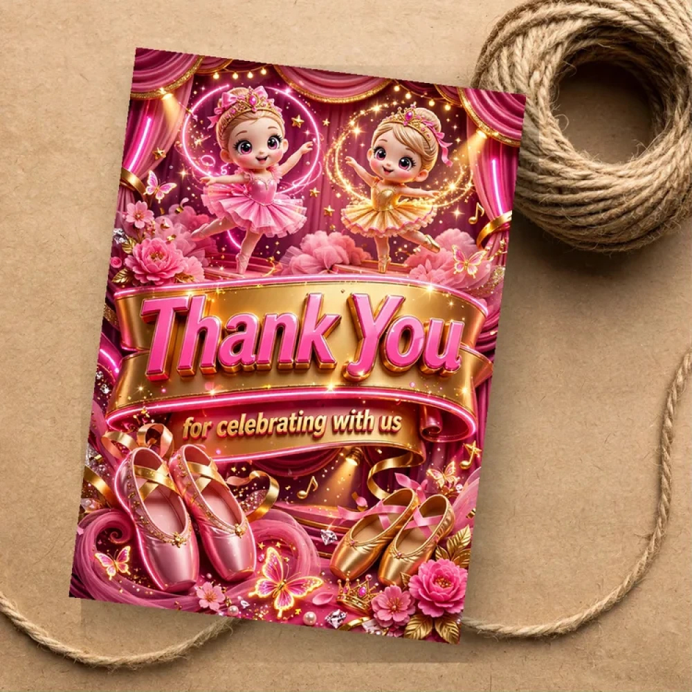 Pink & Gold Ballet Theme Thank You Cards Birthday Party Supplies (PACK OF 30) - 280 GSM Matte Fine-Art Cardstock (2.5 x 3.5 Inch) - Premium Party Decor Supply by Party Decor Mall - View 1