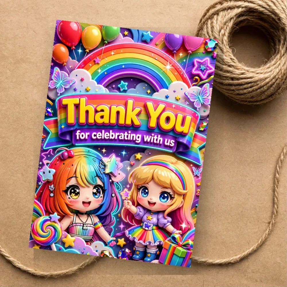 Rainbow Girl Theme Thank You Cards Birthday Party Supplies (PACK OF 30) - 280 GSM Matte Fine-Art Cardstock (2.5 x 3.5 Inch) - Premium Party Decor Supply by Party Decor Mall - View 1