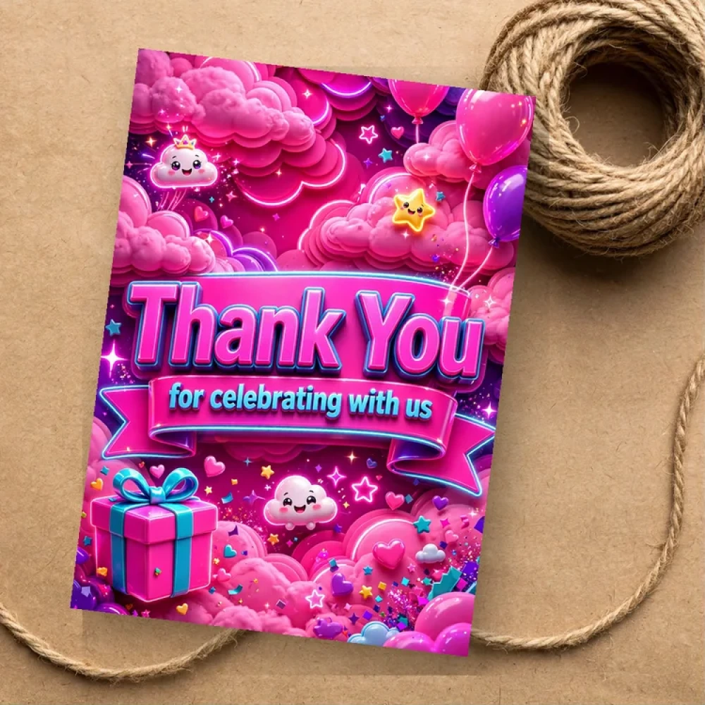 Pink Clouds Theme Thank You Cards Birthday Party Supplies (PACK OF 30) - 280 GSM Matte Fine-Art Cardstock (2.5 x 3.5 Inch) - Premium Party Decor Supply by Party Decor Mall - View 1