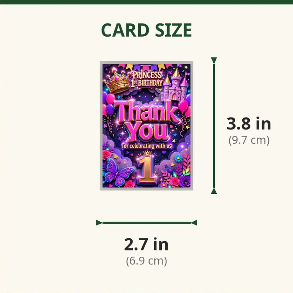 Princess 1st Birthday Theme Thank You Cards Birthday Party Supplies (PACK OF 30) - 280 GSM Matte Fine-Art Cardstock (2.5 x 3.5 Inch) - Premium Party Decor Supply by Party Decor Mall - View 2