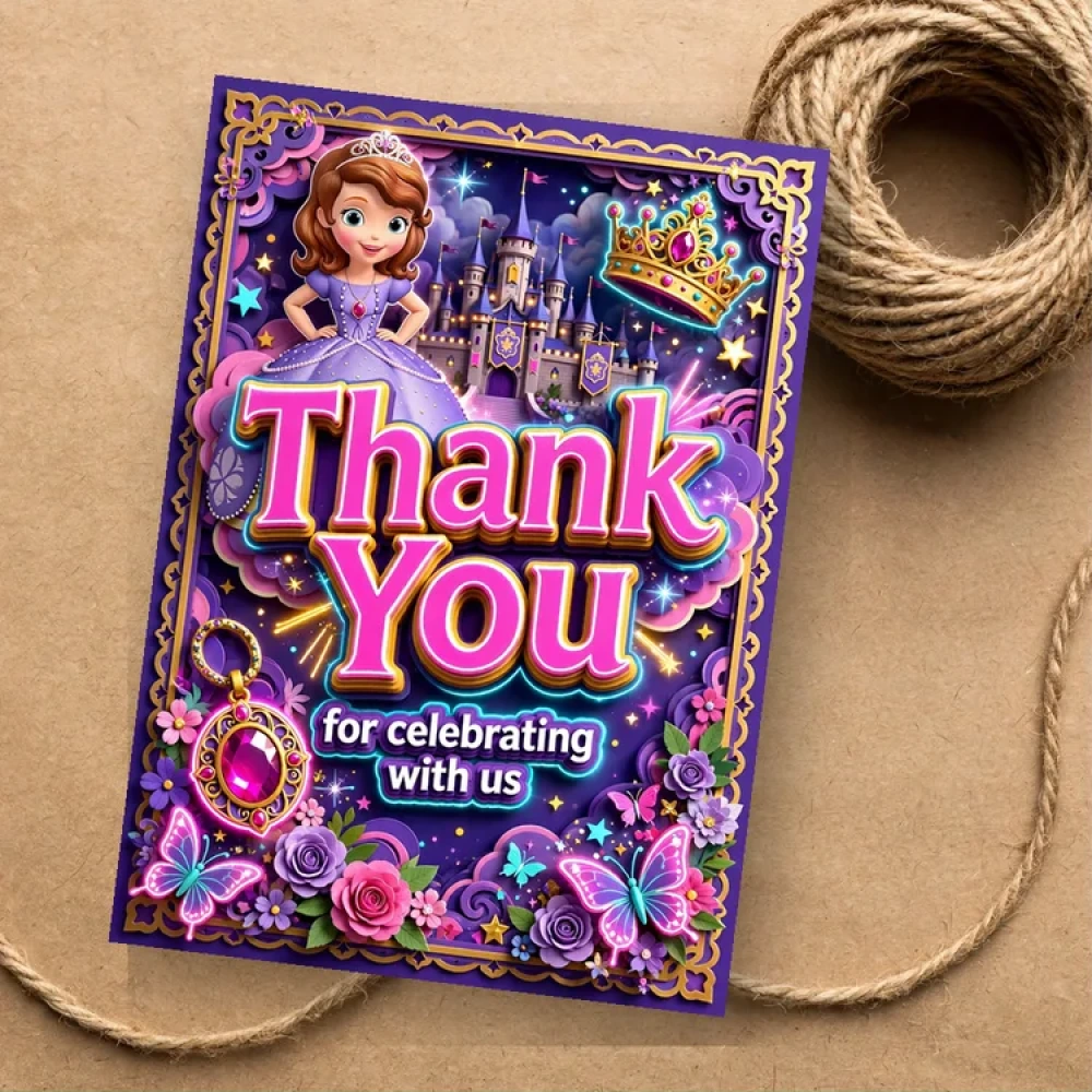 Sofia The First Theme Thank You Cards Birthday Party Supplies (PACK OF 30) - 280 GSM Matte Fine-Art Cardstock (2.5 x 3.5 Inch) - Premium Party Decor Supply by Party Decor Mall - View 1