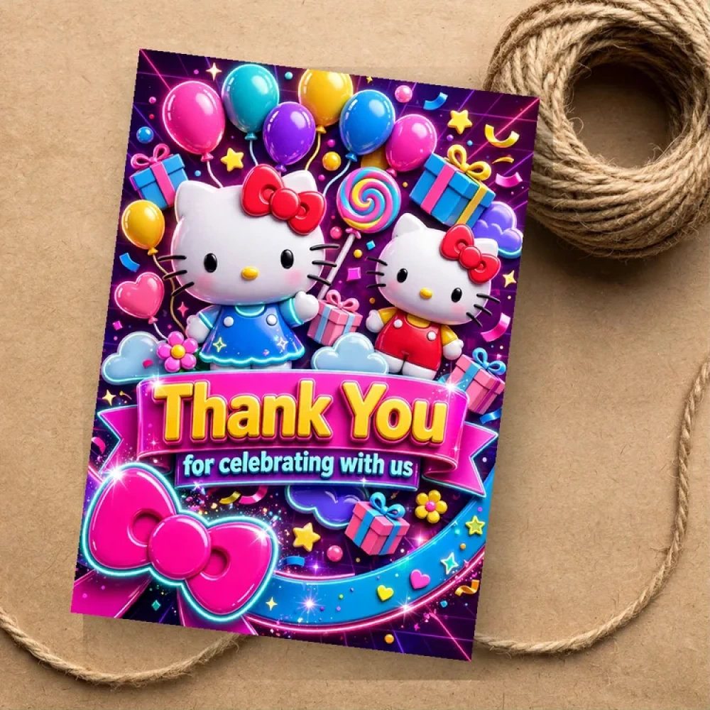 Hello Kitty Theme Thank You Cards Birthday Party Supplies (PACK OF 30) - 280 GSM Matte Fine-Art Cardstock (2.5 x 3.5 Inch) - Premium Party Decor Supply by Party Decor Mall - View 1