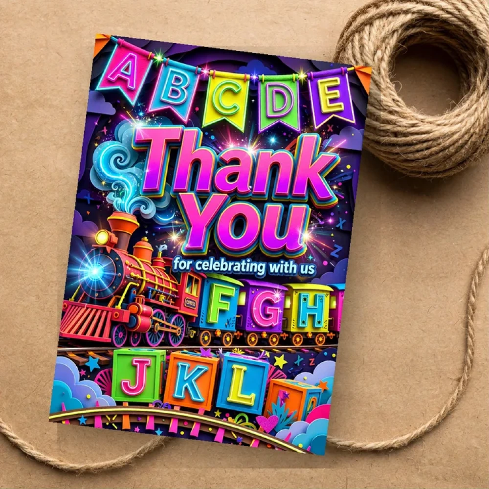 Alphabets & Train Theme Thank You Cards Birthday Party Supplies (PACK OF 30) - 280 GSM Matte Fine-Art Cardstock (2.5 x 3.5 Inch) - Premium Party Decor Supply by Party Decor Mall - View 1