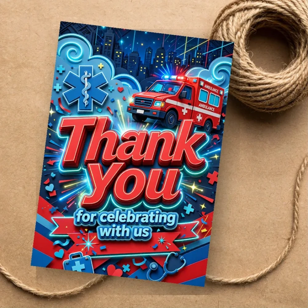 Ambulance Theme Thank You Cards Birthday Party Supplies (PACK OF 30) - 280 GSM Matte Fine-Art Cardstock (2.5 x 3.5 Inch) - Premium Party Decor Supply by Party Decor Mall - View 1