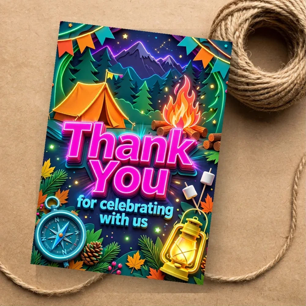 Camping Theme Thank You Cards Birthday Party Supplies (PACK OF 30) - 280 GSM Matte Fine-Art Cardstock (2.5 x 3.5 Inch) - Premium Party Decor Supply by Party Decor Mall - View 1