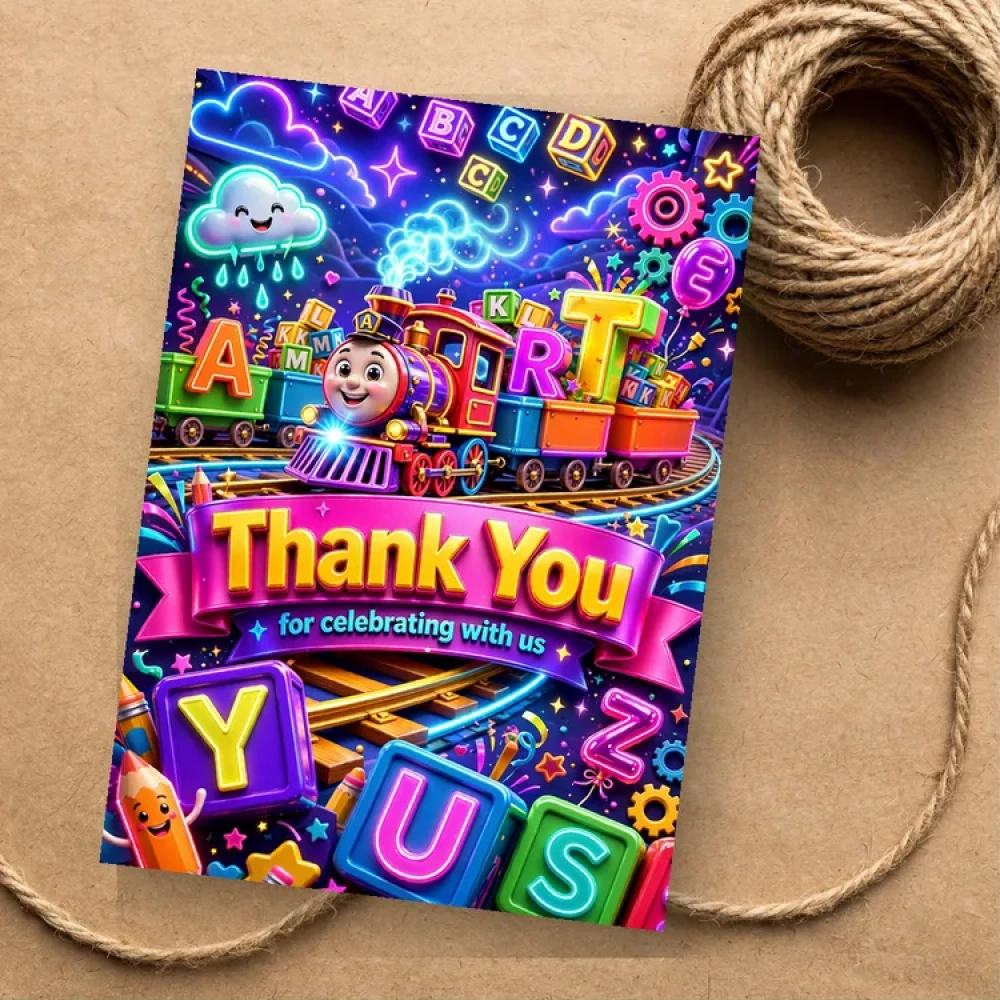 Alphabets & Train Theme Thank You Cards Birthday Party Supplies (PACK OF 30) - 280 GSM Matte Fine-Art Cardstock (2.5 x 3.5 Inch)