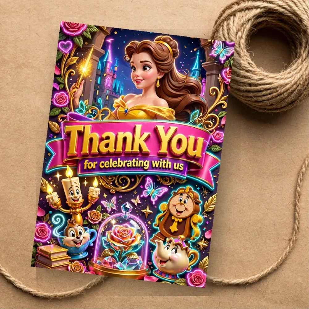 Belle Theme Thank You Cards Birthday Party Supplies (PACK OF 30) - 280 GSM Matte Fine-Art Cardstock (2.5 x 3.5 Inch) - Premium Party Decor Supply by Party Decor Mall - View 1