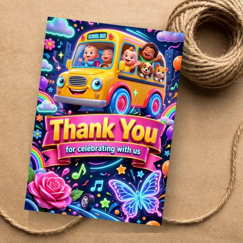 Wheels On The Bus Theme Thank You Cards Birthday Party Supplies (PACK OF 30) - 280 GSM Matte Fine-Art Cardstock (2.5 x 3.5 Inch) - Premium Party Decor Supply by Party Decor Mall - View 1