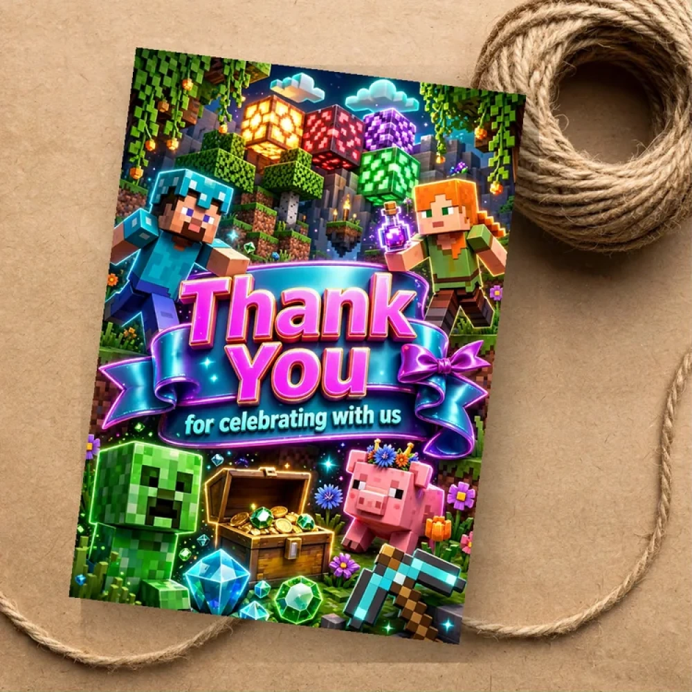 Minecraft Theme Thank You Cards Birthday Party Supplies (PACK OF 30) - 280 GSM Matte Fine-Art Cardstock (2.5 x 3.5 Inch) - Premium Party Decor Supply by Party Decor Mall - View 1