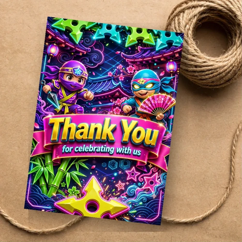 Ninja Theme Thank You Cards Birthday Party Supplies (PACK OF 30) - 280 GSM Matte Fine-Art Cardstock (2.5 x 3.5 Inch) - Premium Party Decor Supply by Party Decor Mall - View 1