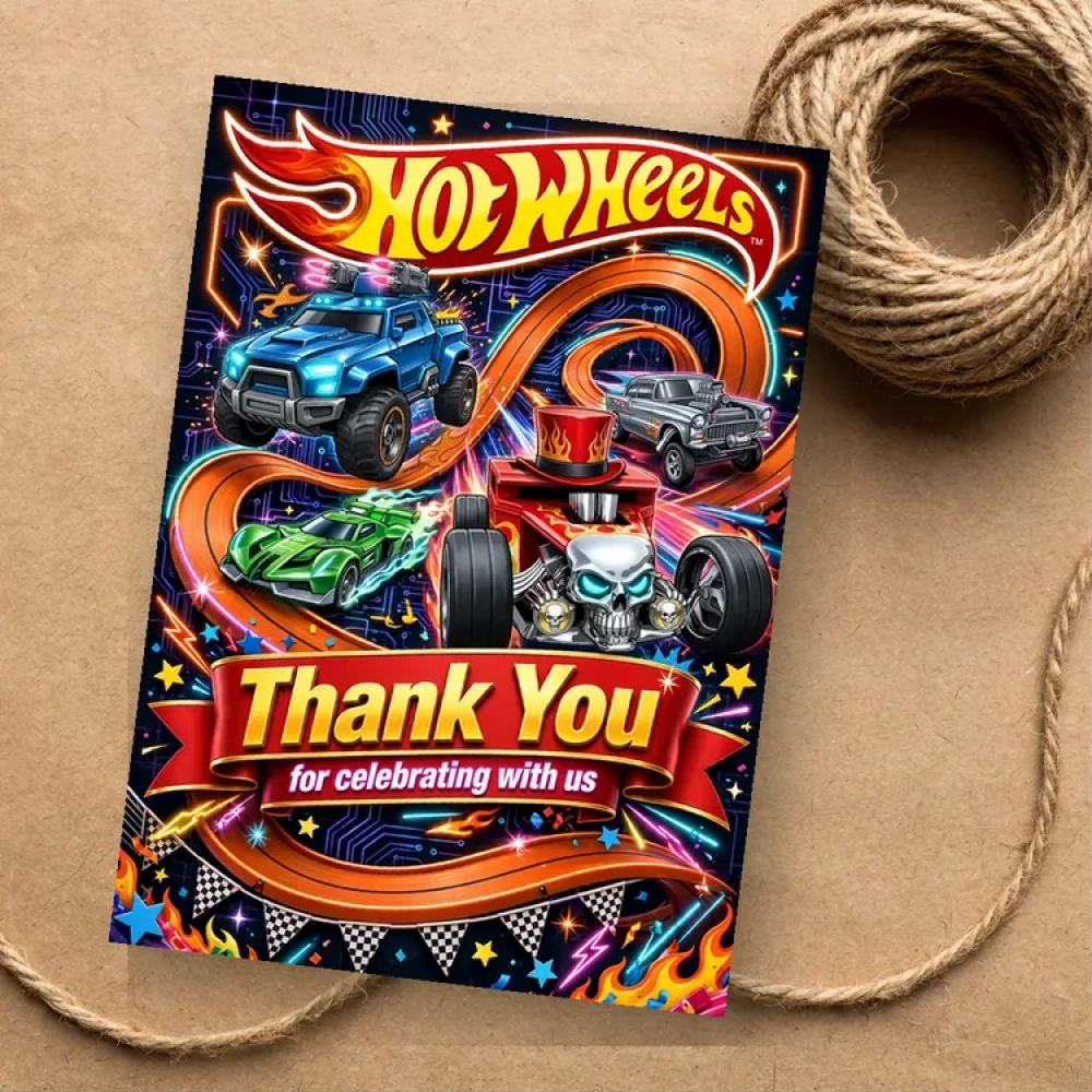 Hot Wheels Theme Thank You Cards Birthday Party Supplies (PACK OF 30) - 280 GSM Matte Fine-Art Cardstock (2.5 x 3.5 Inch) - Premium Party Decor Supply by Party Decor Mall - View 1