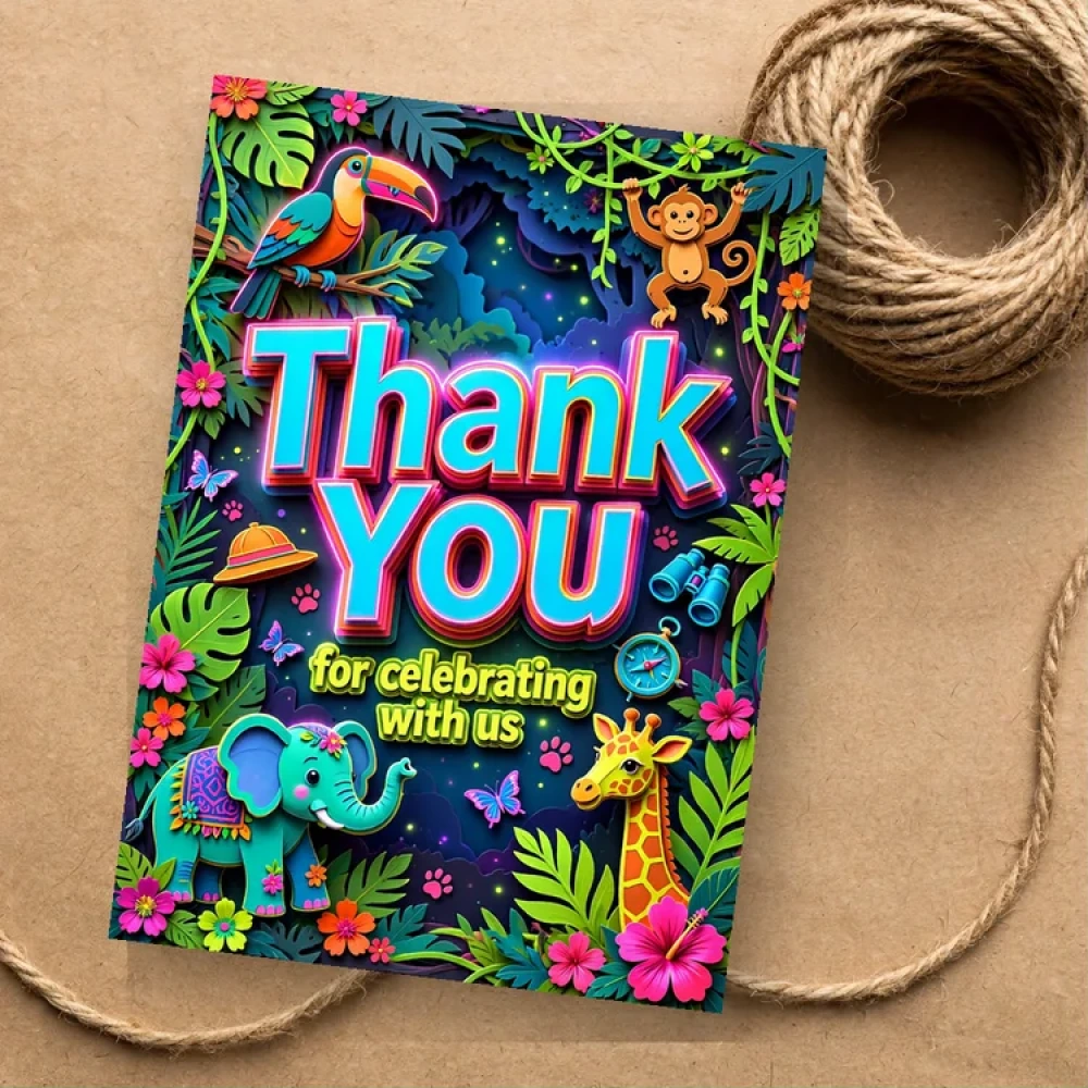 Jungle Safari Theme Thank You Cards Birthday Party Supplies (PACK OF 30) - 280 GSM Matte Fine-Art Cardstock (2.5 x 3.5 Inch)