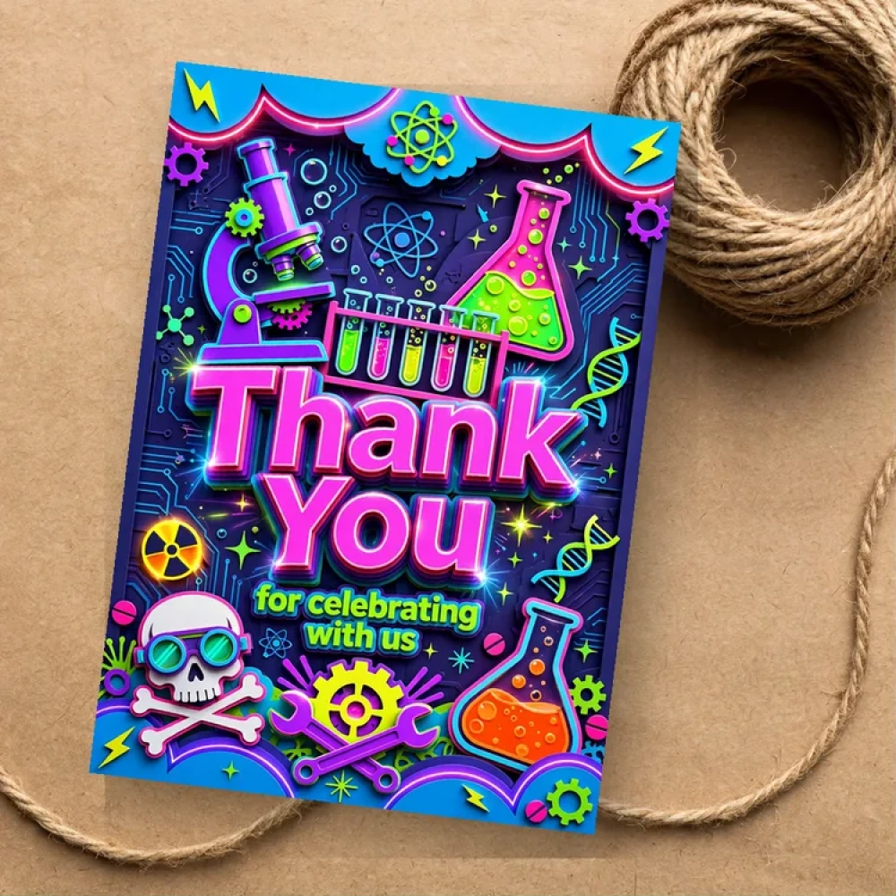 Mad Scientist Theme Thank You Cards Birthday Party Supplies (PACK OF 30) - 280 GSM Matte Fine-Art Cardstock (2.5 x 3.5 Inch) - Premium Party Decor Supply by Party Decor Mall - View 1