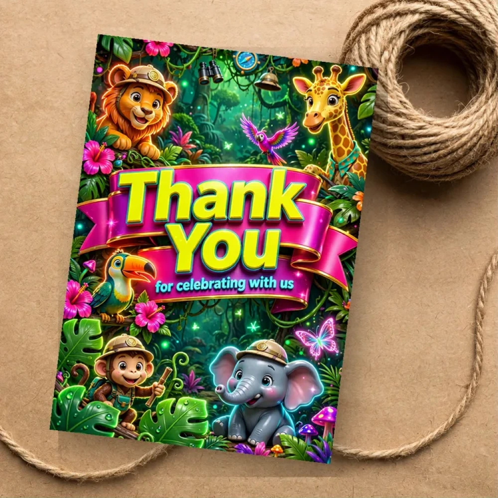 Jungle Safari Theme Thank You Cards Birthday Party Supplies (PACK OF 30) - 280 GSM Matte Fine-Art Cardstock (2.5 x 3.5 Inch)
