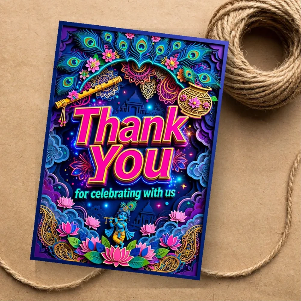 Krishna Theme Thank You Cards Birthday Party Supplies (PACK OF 30) - 280 GSM Matte Fine-Art Cardstock (2.5 x 3.5 Inch) - Premium Party Decor Supply by Party Decor Mall - View 1