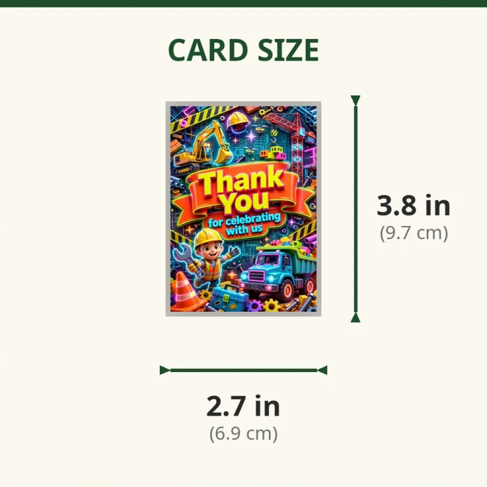 Construction Theme Thank You Cards Birthday Party Supplies (PACK OF 30) - 280 GSM Matte Fine-Art Cardstock (2.5 x 3.5 Inch) - Premium Party Decor Supply by Party Decor Mall - View 2