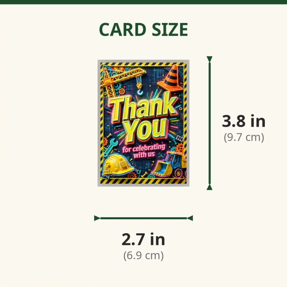 Construction Theme Thank You Cards Birthday Party Supplies (PACK OF 30) - 280 GSM Matte Fine-Art Cardstock (2.5 x 3.5 Inch) - Premium Party Decor Supply by Party Decor Mall - View 2