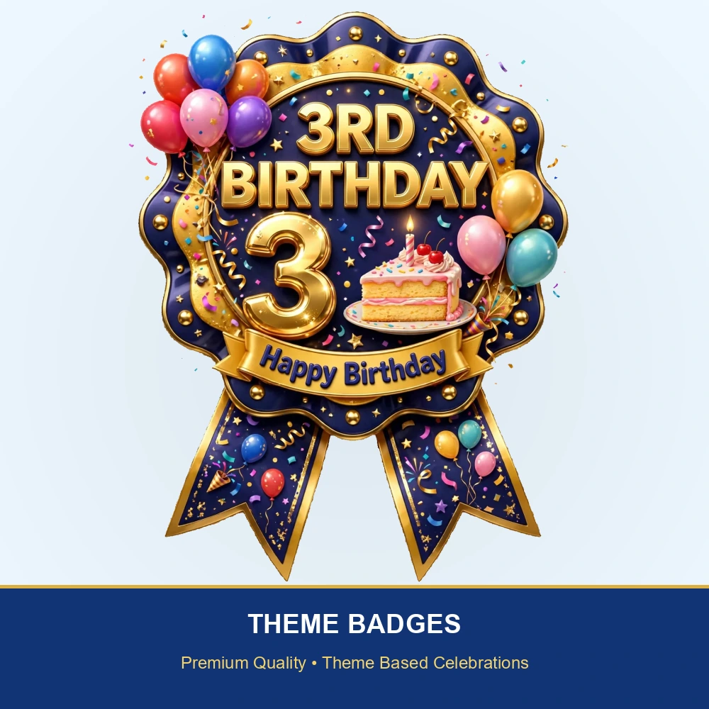3rd Birthday Theme Theme Badges Birthday Party Supplies (PACK OF 16) - 300 GSM Premium Cardstock with Pin (3.7 x 3 Inch) - Premium Party Decor Supply by Party Decor Mall - View 2