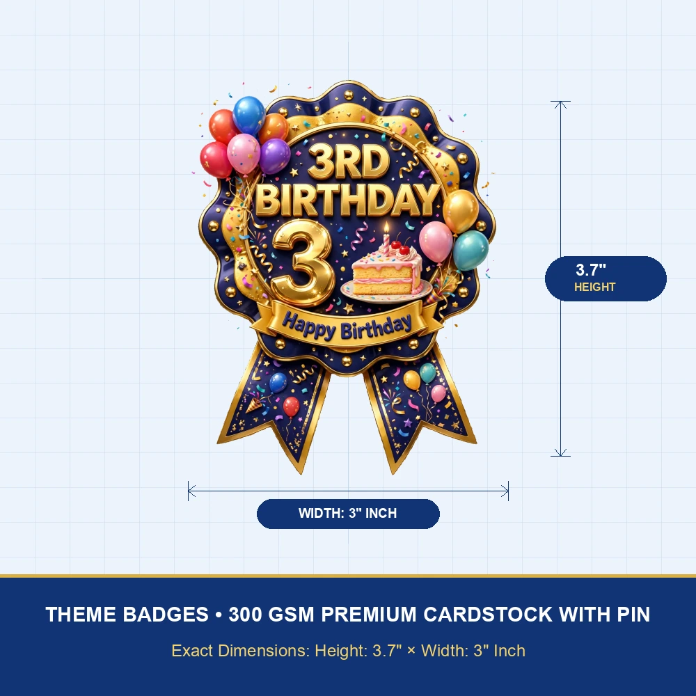 3rd Birthday Theme Theme Badges Birthday Party Supplies (PACK OF 16) - 300 GSM Premium Cardstock with Pin (3.7 x 3 Inch) - Premium Party Decor Supply by Party Decor Mall - View 4