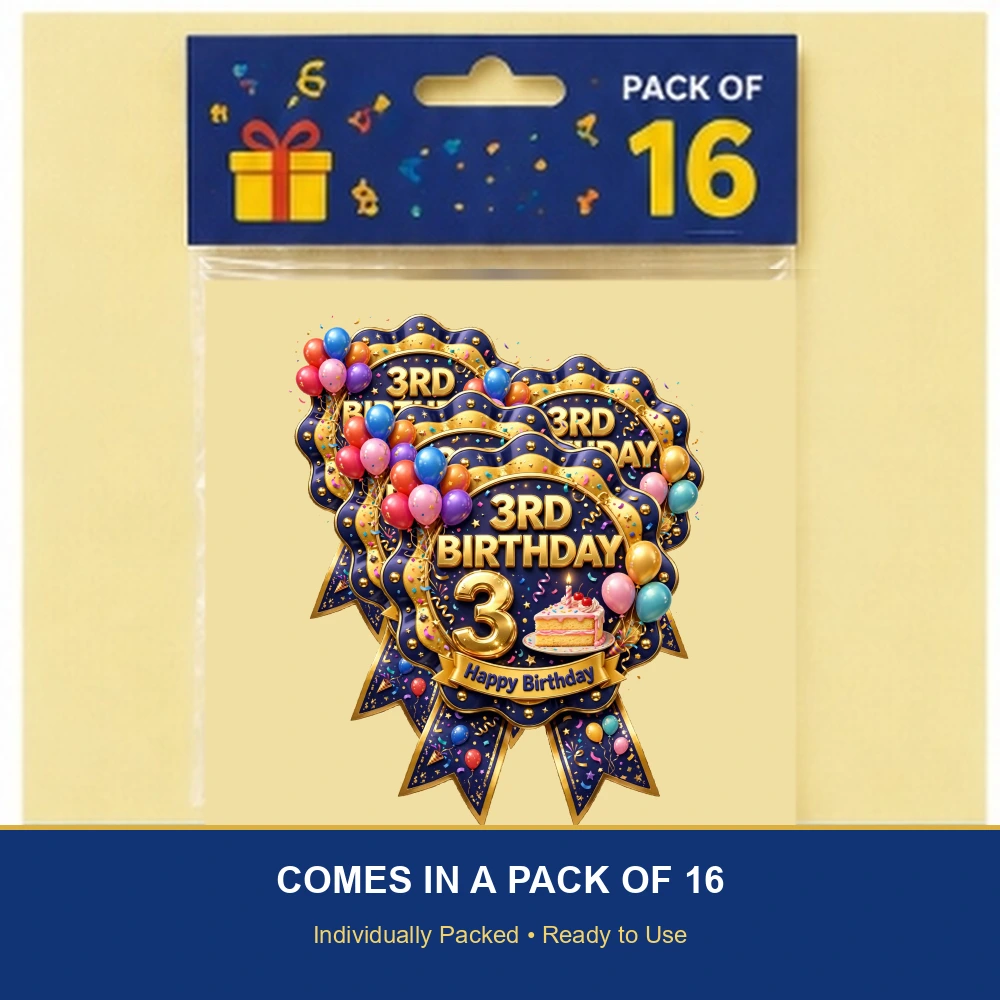 3rd Birthday Theme Theme Badges Birthday Party Supplies (PACK OF 16) - 300 GSM Premium Cardstock with Pin (3.7 x 3 Inch) - Premium Party Decor Supply by Party Decor Mall - View 6