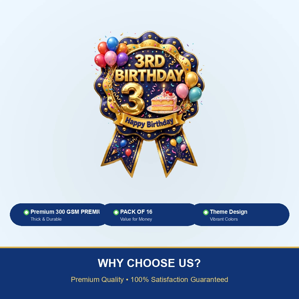 3rd Birthday Theme Theme Badges Birthday Party Supplies (PACK OF 16) - 300 GSM Premium Cardstock with Pin (3.7 x 3 Inch) - Premium Party Decor Supply by Party Decor Mall - View 7