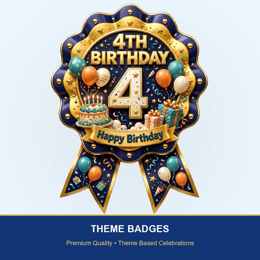 4th Birthday Theme Theme Badges Birthday Party Supplies (PACK OF 16) - 300 GSM Premium Cardstock with Pin (3.7 x 3 Inch) - Premium Party Decor Supply by Party Decor Mall - View 2