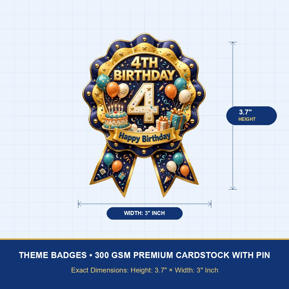 4th Birthday Theme Theme Badges Birthday Party Supplies (PACK OF 16) - 300 GSM Premium Cardstock with Pin (3.7 x 3 Inch) - Premium Party Decor Supply by Party Decor Mall - View 4