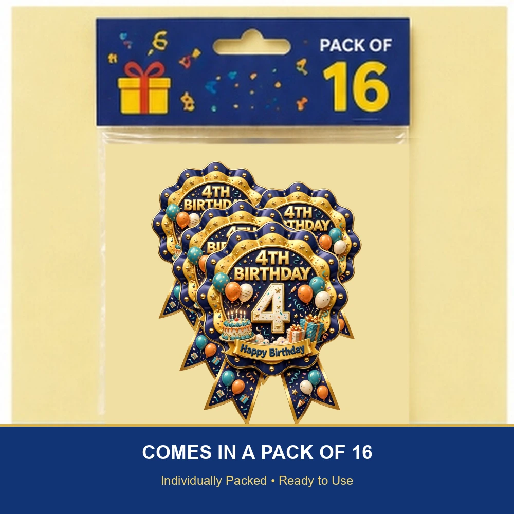 4th Birthday Theme Theme Badges Birthday Party Supplies (PACK OF 16) - 300 GSM Premium Cardstock with Pin (3.7 x 3 Inch) - Premium Party Decor Supply by Party Decor Mall - View 6