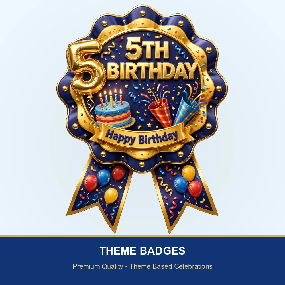 5th Birthday Theme Theme Badges Birthday Party Supplies (PACK OF 16) - 300 GSM Premium Cardstock with Pin (3.7 x 3 Inch) - Premium Party Decor Supply by Party Decor Mall - View 2