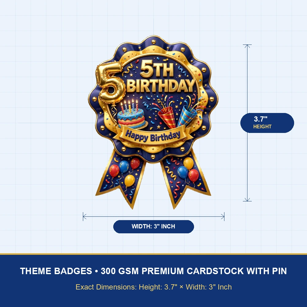 5th Birthday Theme Theme Badges Birthday Party Supplies (PACK OF 16) - 300 GSM Premium Cardstock with Pin (3.7 x 3 Inch) - Premium Party Decor Supply by Party Decor Mall - View 4